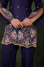 De Lara Indigo Chanderi Kurta With Silk Pant