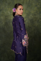 De Lara Indigo Chanderi Kurta With Silk Pant