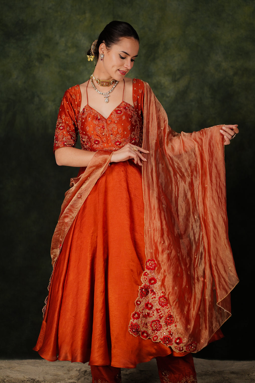 Falak Anarkali Chilli Oil Dupion Silk Set