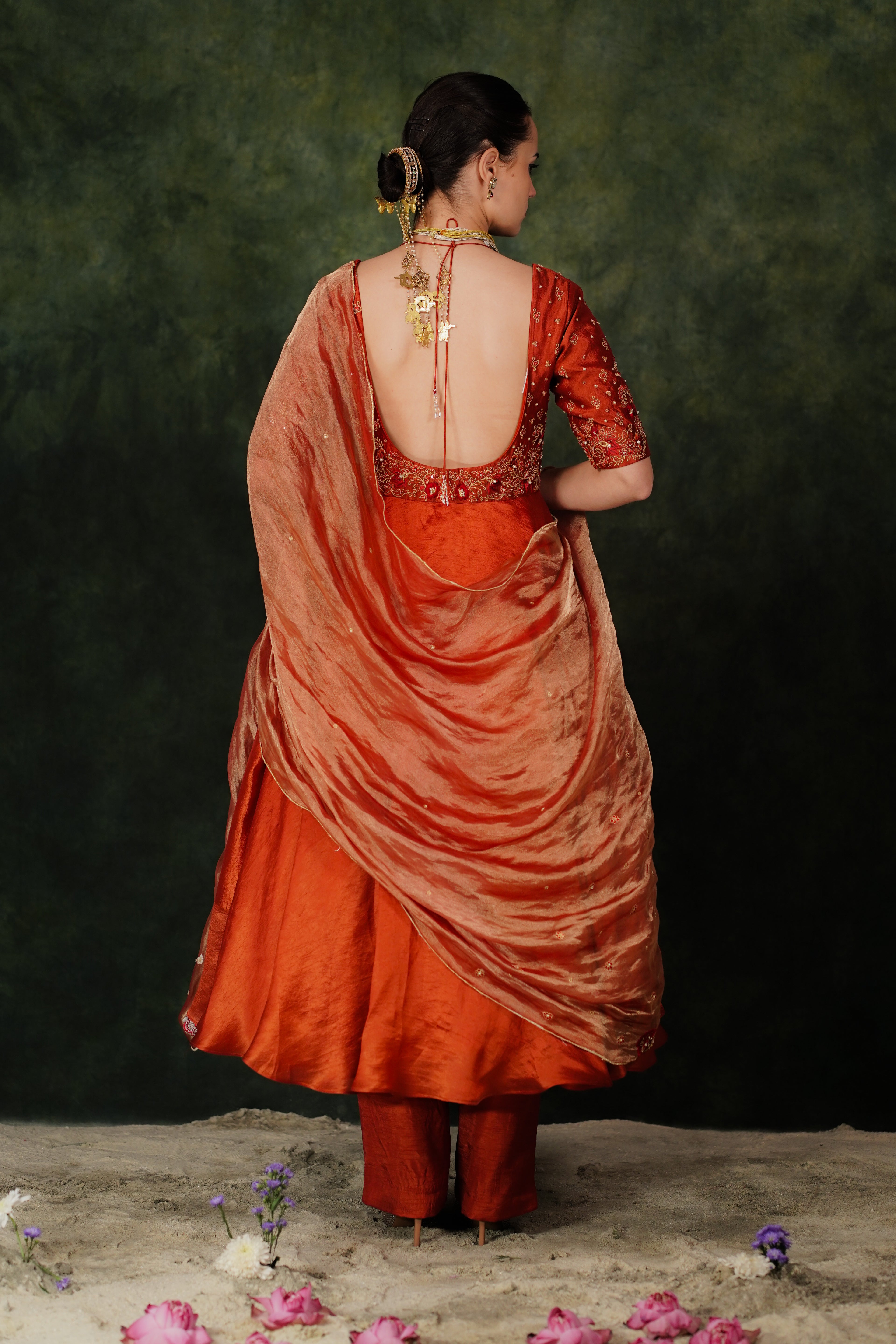 Falak Anarkali Chilli Oil Dupion Silk Set