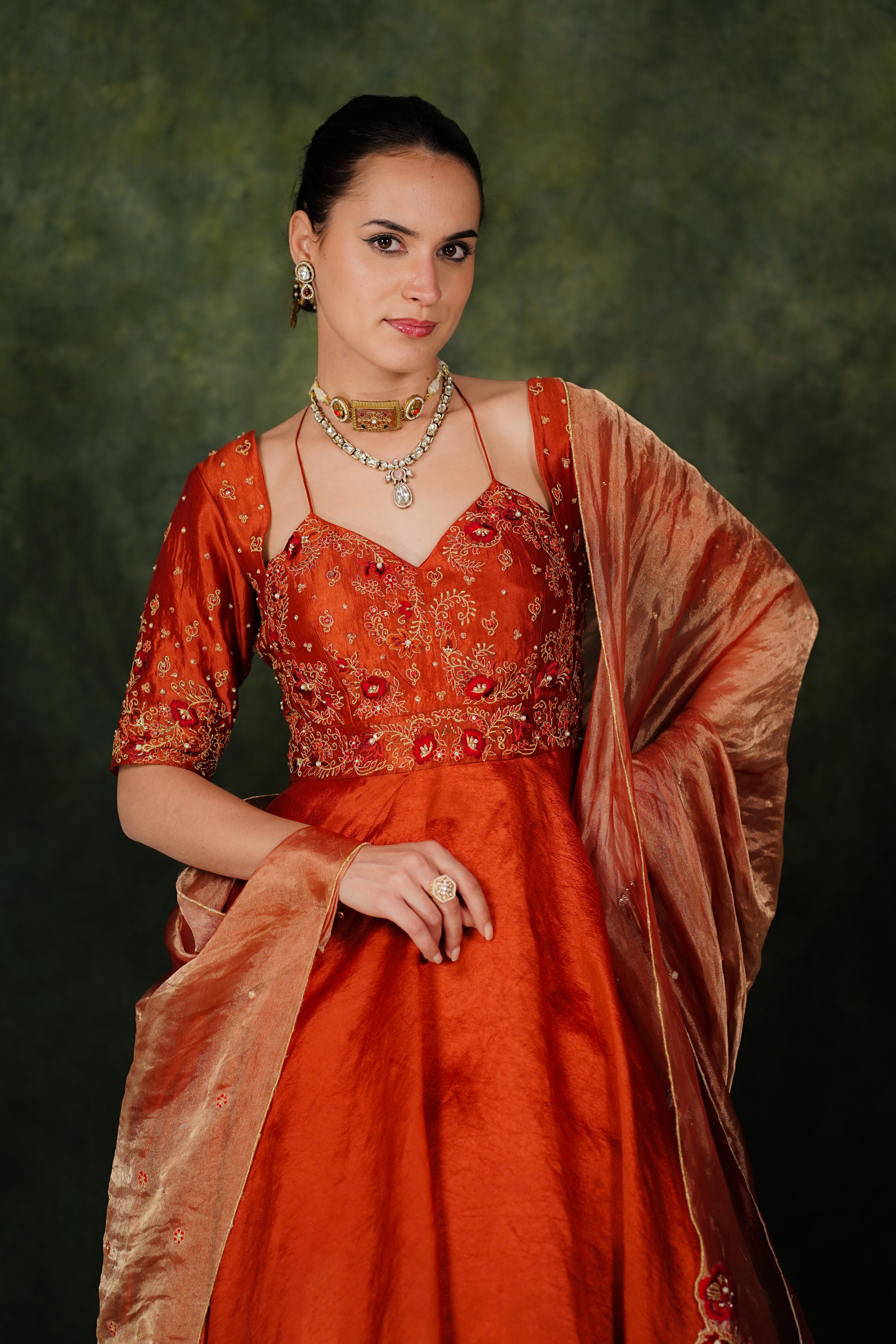 Falak Anarkali Chilli Oil Dupion Silk Set
