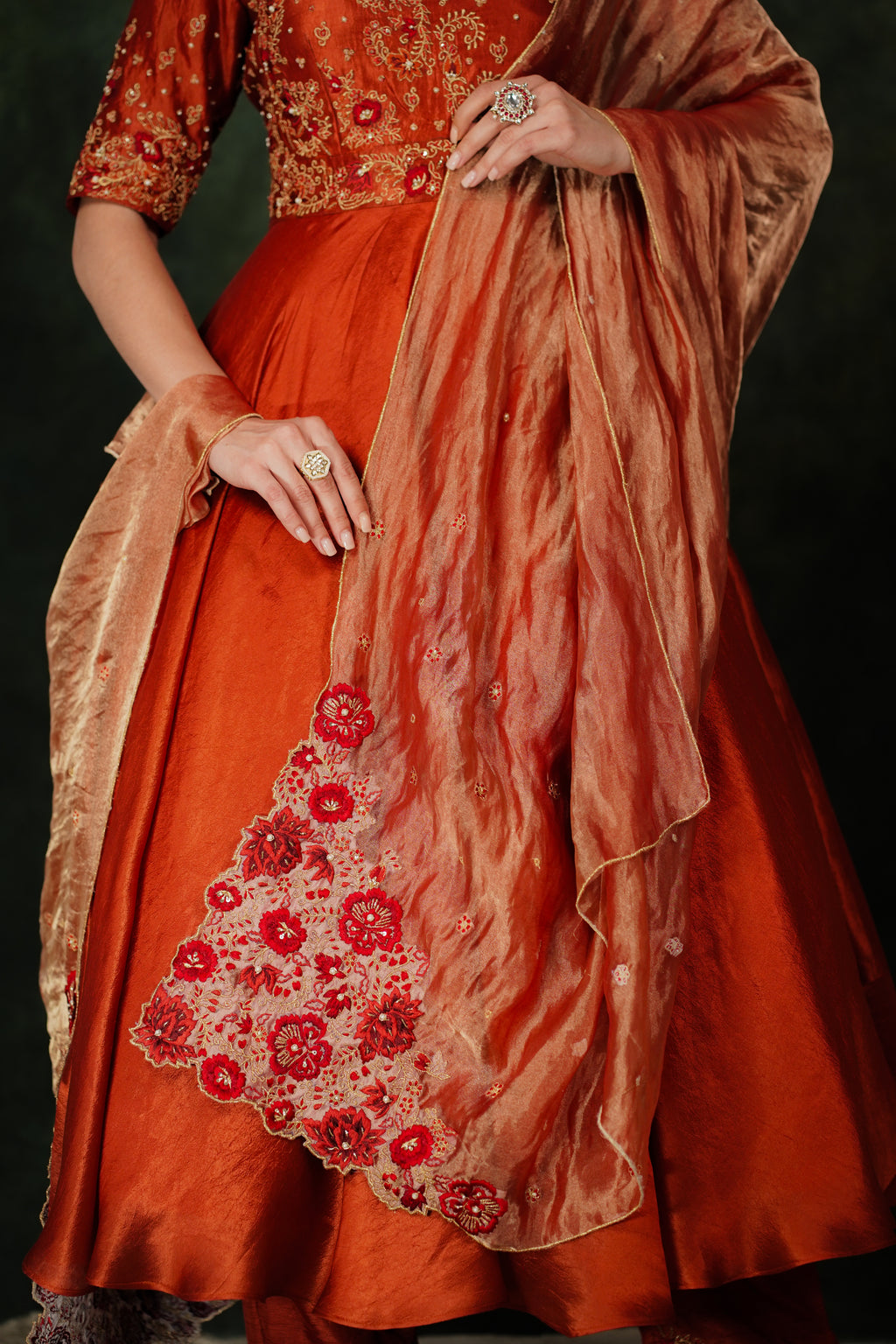 Falak Anarkali Chilli Oil Dupion Silk Set