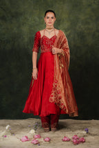Falak Anarkali Inferno Red Dupion Silk Set