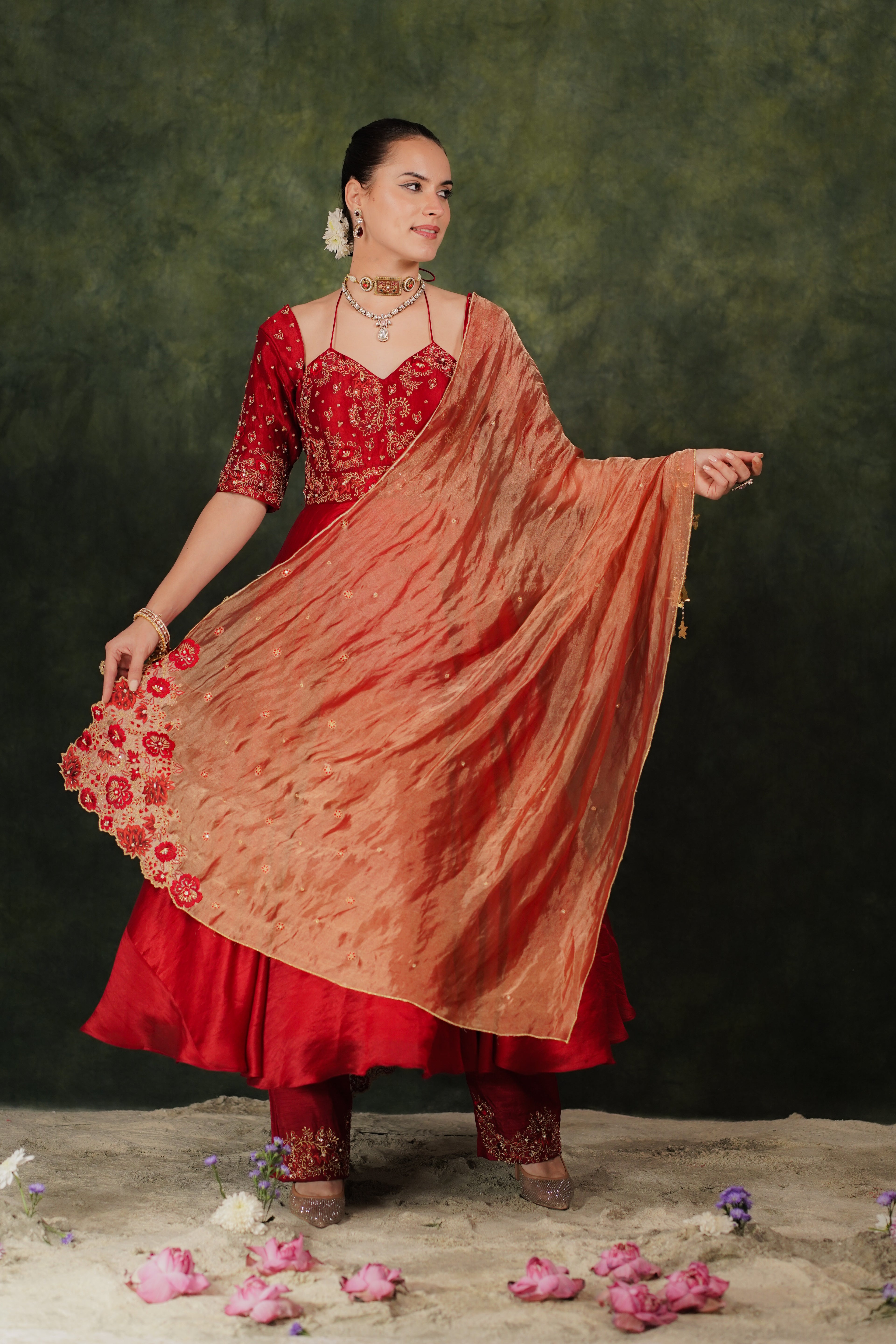 Falak Anarkali Inferno Red Dupion Silk Set