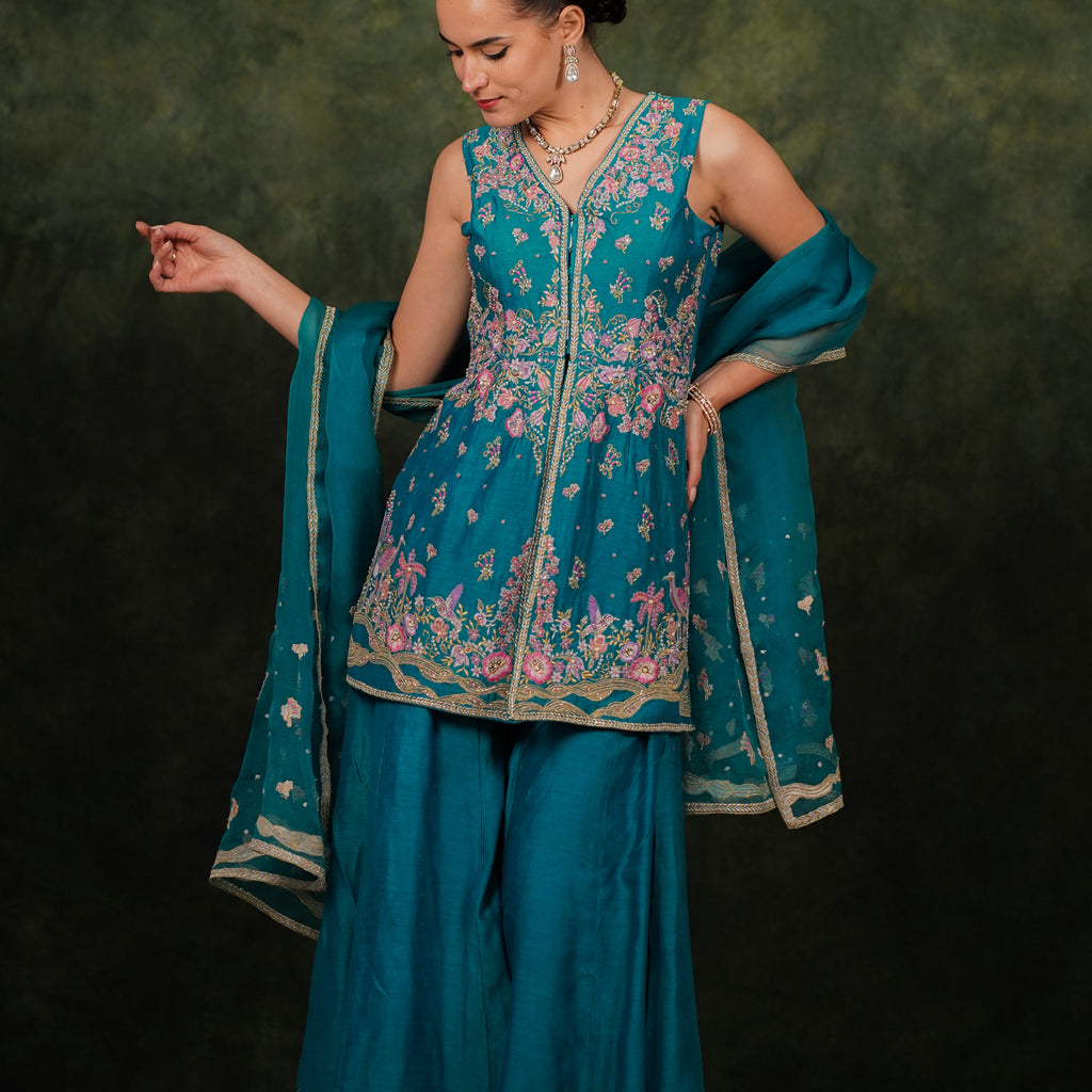 Shagufta Turquoise Chanderi Silk Sharara Set
