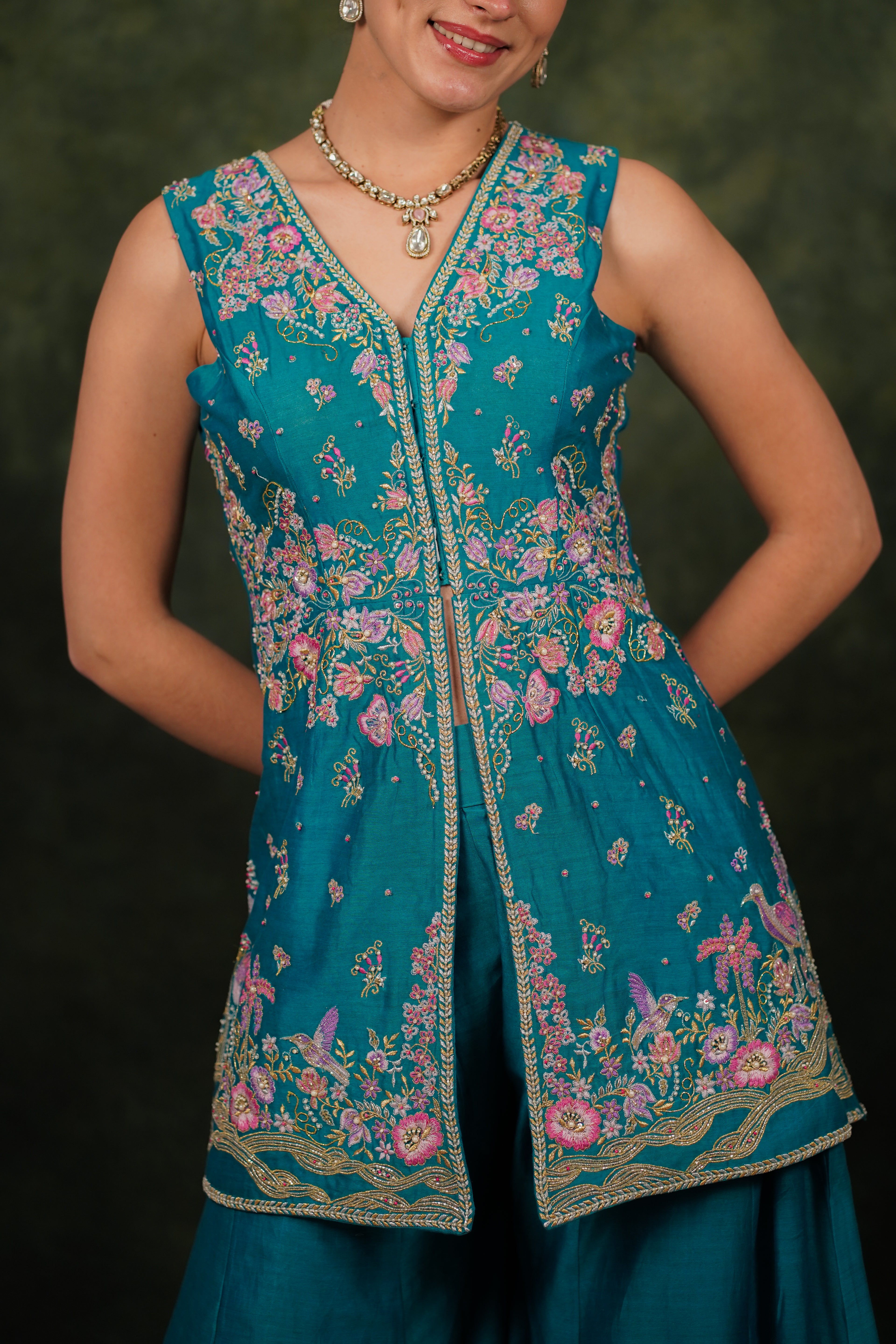 Shagufta Turquoise Chanderi Silk Sharara Set